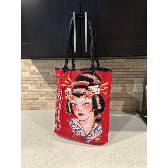 Vintage Ed Hardy by Christian Audigier Geisha red and black canvas tote - Picture 1 of 3